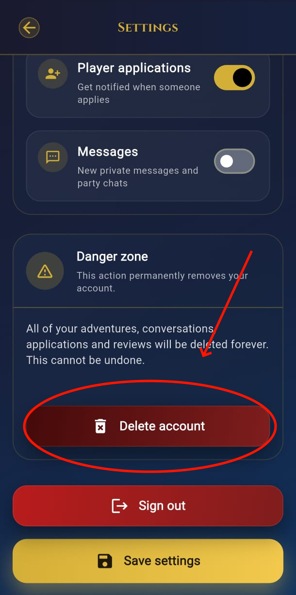 Step 3 - Delete account option